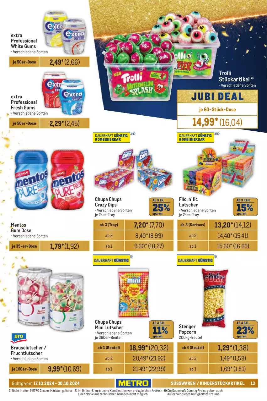 Aktueller Prospekt Metro - Händler Journal - von 17.10 bis 30.10.2024 - strona 13 - produkty: auer, beutel, brause, chupa, chupa chups, dip, eis, frucht, Kinder, Lutscher, mentos, Metro, metro gastro, popcorn, reis, süsswaren, Ti, trolli