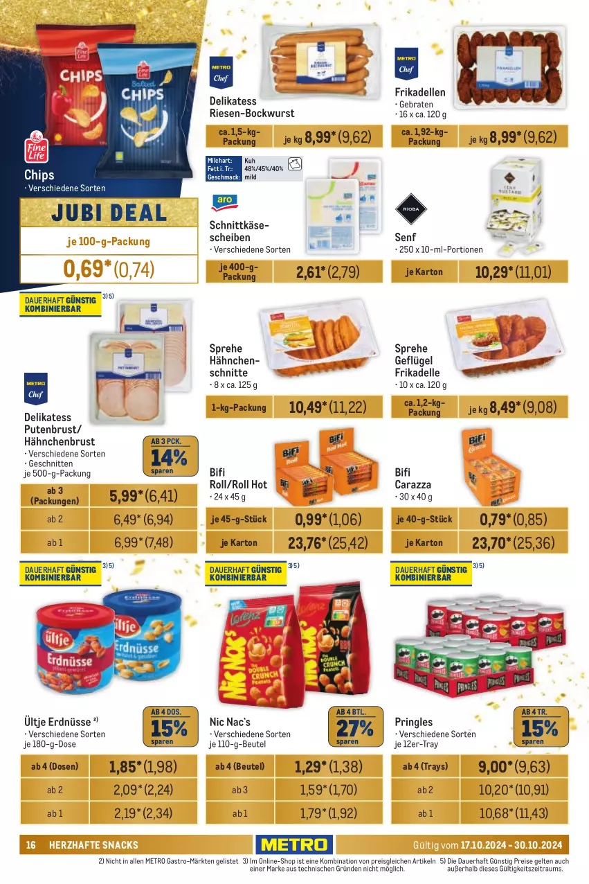 Aktueller Prospekt Metro - Händler Journal - von 17.10 bis 30.10.2024 - strona 16 - produkty: auer, beutel, bifi, bockwurst, braten, chips, dell, eis, elle, erdnüsse, frikadellen, Geflügel, hähnchenbrust, Käse, käsescheiben, mac, Metro, metro gastro, milch, pringles, pute, putenbrust, reis, ring, schnitten, schnittkäse, schnittkäsescheiben, senf, snack, snacks, Ti, ültje, ültje erdnüsse, wurst