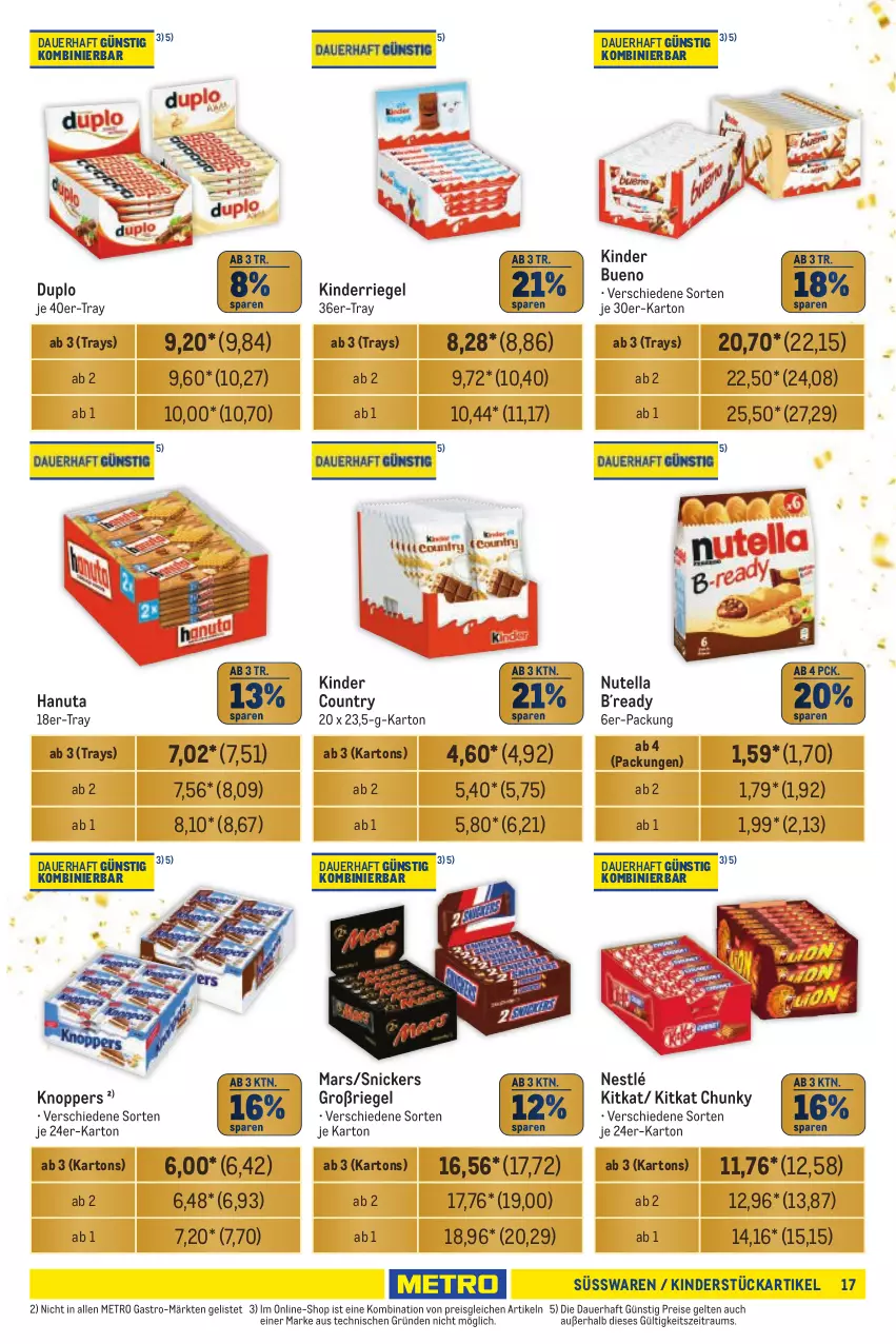 Aktueller Prospekt Metro - Händler Journal - von 17.10 bis 30.10.2024 - strona 17 - produkty: auer, duplo, eis, hanuta, Kinder, kinder bueno, kinder country, kitkat, knoppers, mars, Metro, metro gastro, nestlé, nutella, reis, riegel, snickers, süsswaren, Ti