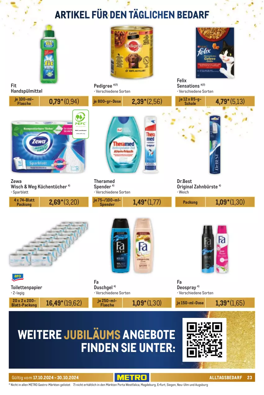 Aktueller Prospekt Metro - Händler Journal - von 17.10 bis 30.10.2024 - strona 23 - produkty: angebot, angebote, bürste, deo, deospray, duschgel, fa duschgel, felix, flasche, gin, Jubiläums, küche, Küchen, küchentücher, Metro, metro gastro, papier, pedigree, Schal, Schale, sensations, spülmittel, theramed, Ti, toilettenpapier, tücher, zahnbürste, zewa