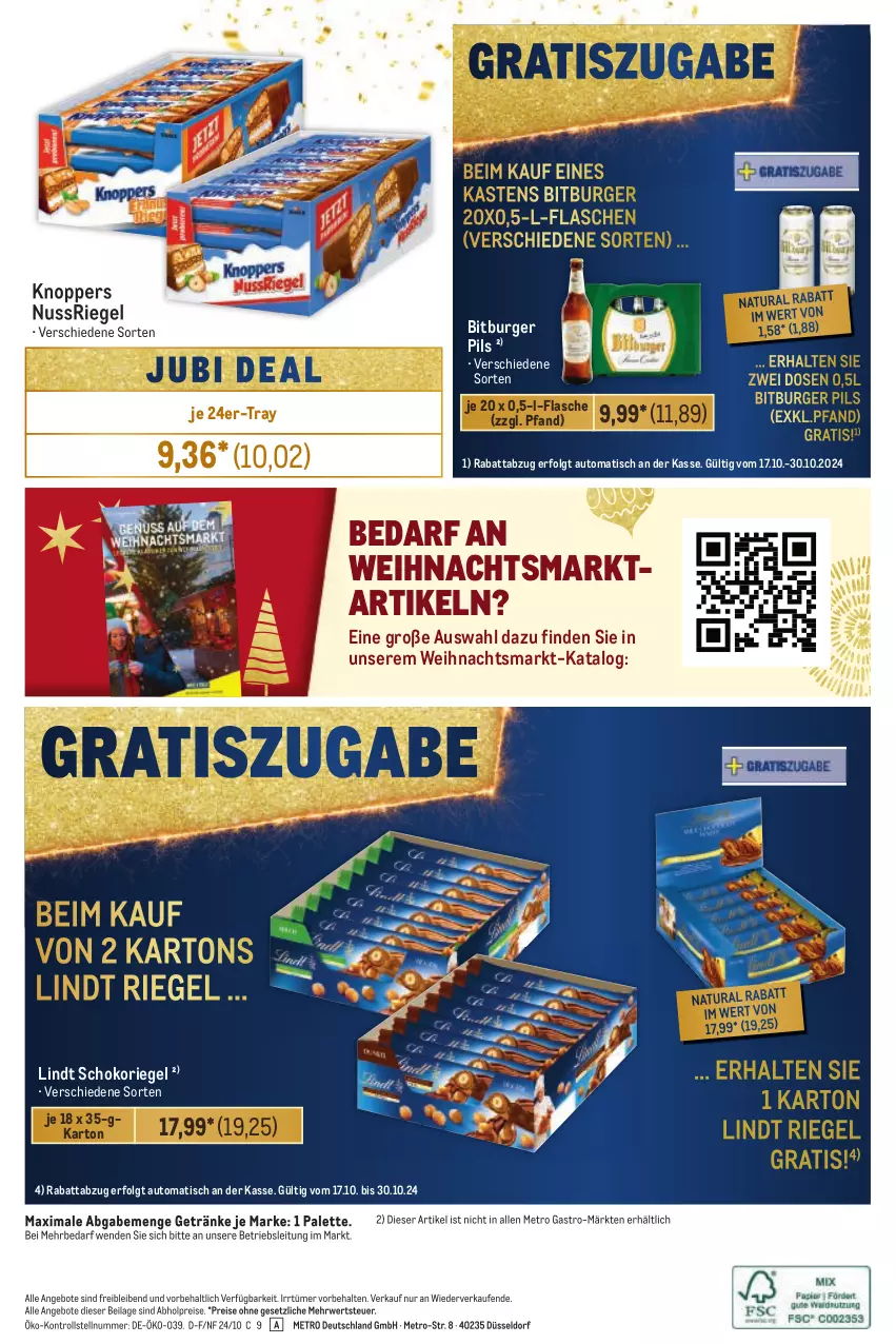 Aktueller Prospekt Metro - Händler Journal - von 17.10 bis 30.10.2024 - strona 24 - produkty: abholpreise, angebot, angebote, auto, bitburger, bitburger pils, burger, eis, flasche, getränk, getränke, ilag, knoppers, LG, lindt, Metro, metro gastro, natur, natura, nuss, nussriegel, Palette, pils, reis, riegel, rwe, schoko, schokoriegel, Ti, tisch