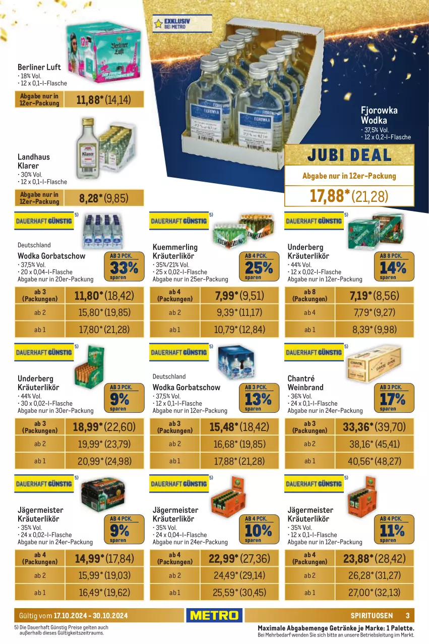 Aktueller Prospekt Metro - Händler Journal - von 17.10 bis 30.10.2024 - strona 3 - produkty: auer, berliner, berliner luft, chantré, eis, flasche, Germ, getränk, getränke, Gorbatschow, jägermeister, kräuter, kräuterlikör, kuemmerling, likör, Meister, merl, Palette, reis, spirituosen, Ti, underberg, wein, weinbrand, wodka