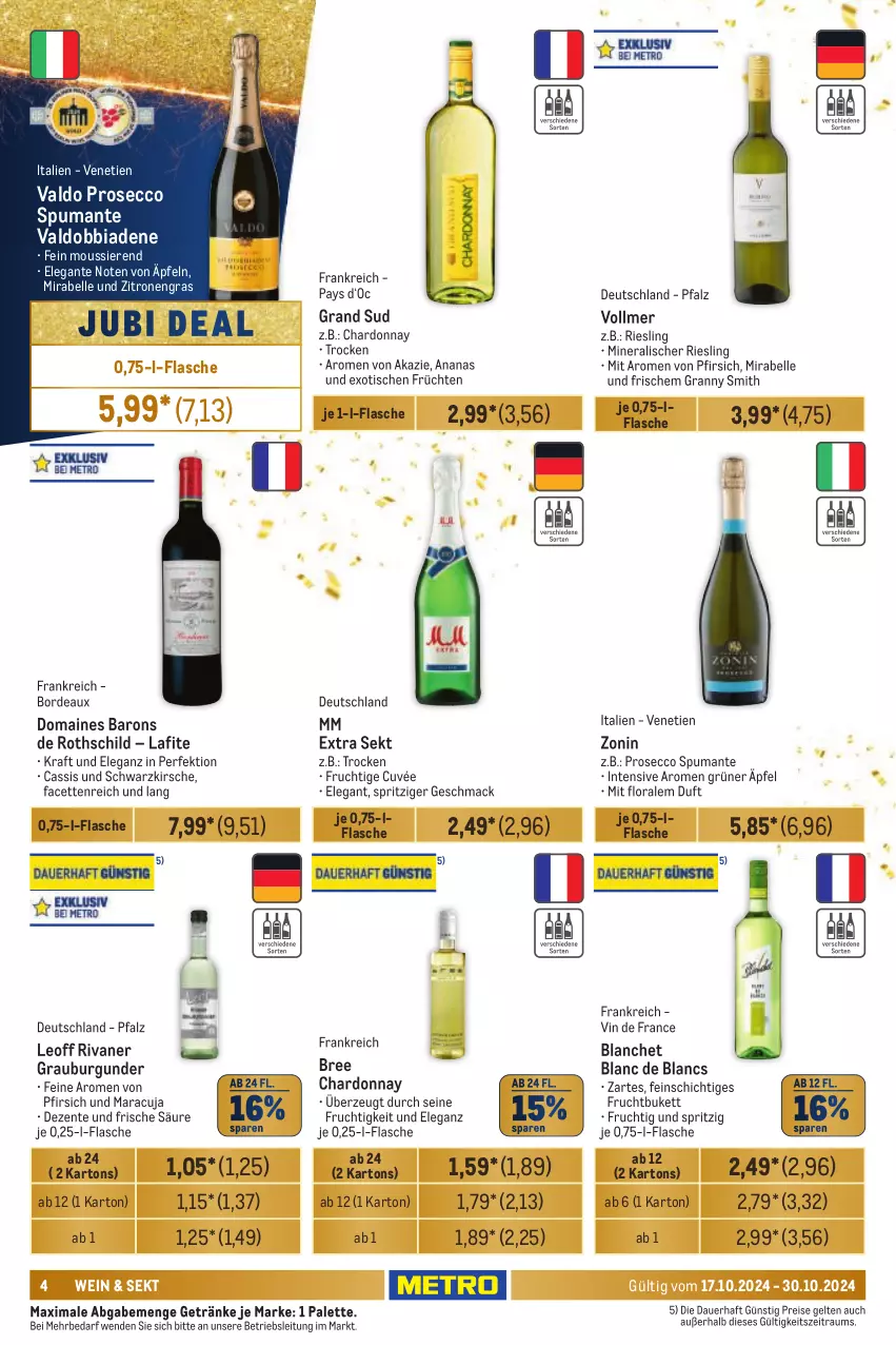 Aktueller Prospekt Metro - Händler Journal - von 17.10 bis 30.10.2024 - strona 4 - produkty: ananas, auer, bree, burgunder, cassis, chardonnay, cuvée, de blancs, ecco, eis, elle, ente, flasche, frucht, früchte, früchten, getränk, getränke, grand sud, grauburgunder, kirsch, kirsche, kraft, mac, maracuja, mm extra, Palette, pfirsich, prosecco, puma, reis, riesling, Rivaner, sekt, spumante, Ti, tisch, valdo, vin de france, wein, zitrone, zitronen, zonin