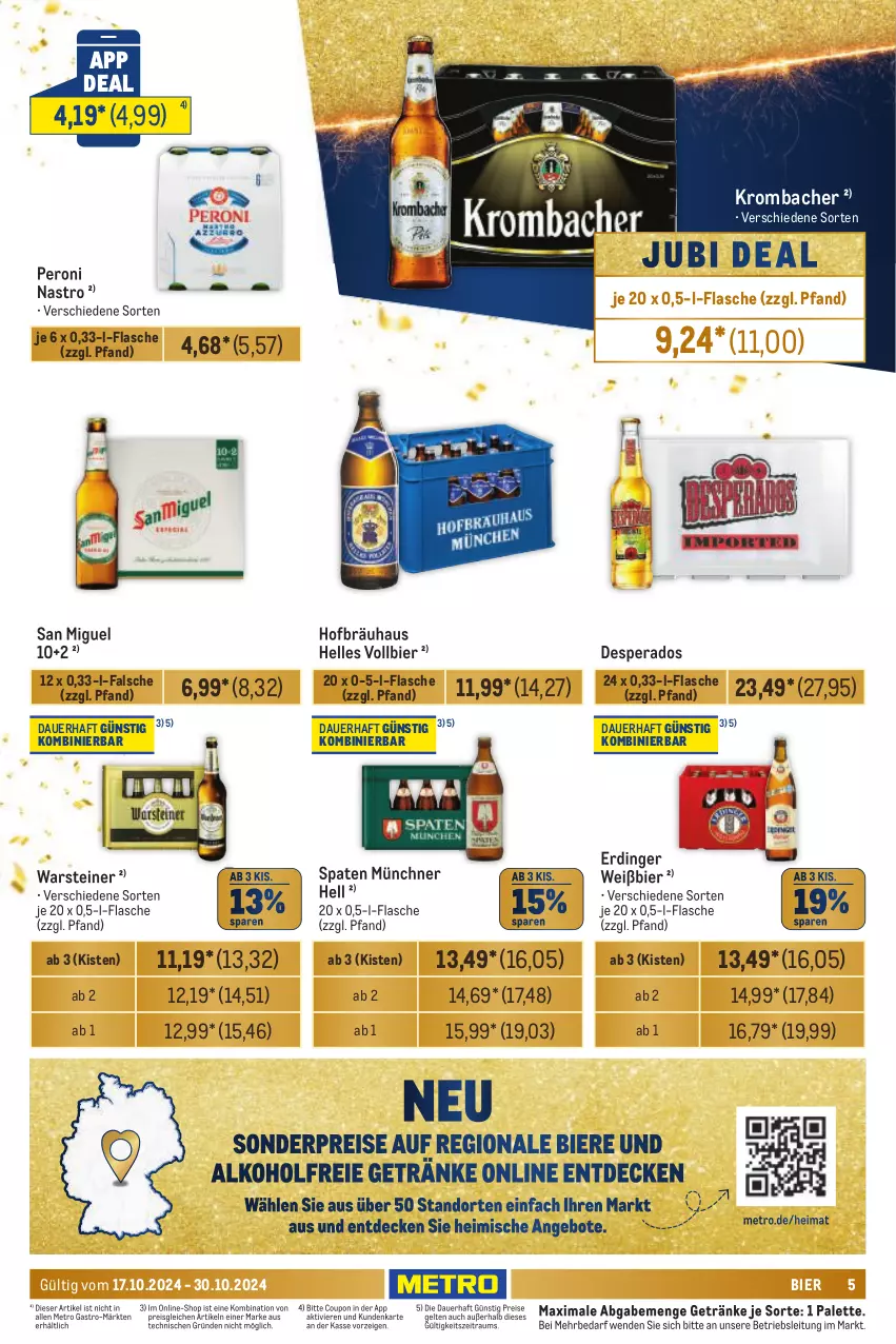 Aktueller Prospekt Metro - Händler Journal - von 17.10 bis 30.10.2024 - strona 5 - produkty: auer, bier, coupon, desperados, eis, elle, erdinger, flasche, getränk, getränke, krombache, krombacher, Metro, metro gastro, Palette, Peroni, reis, Spaten, steiner, Ti, warsteiner