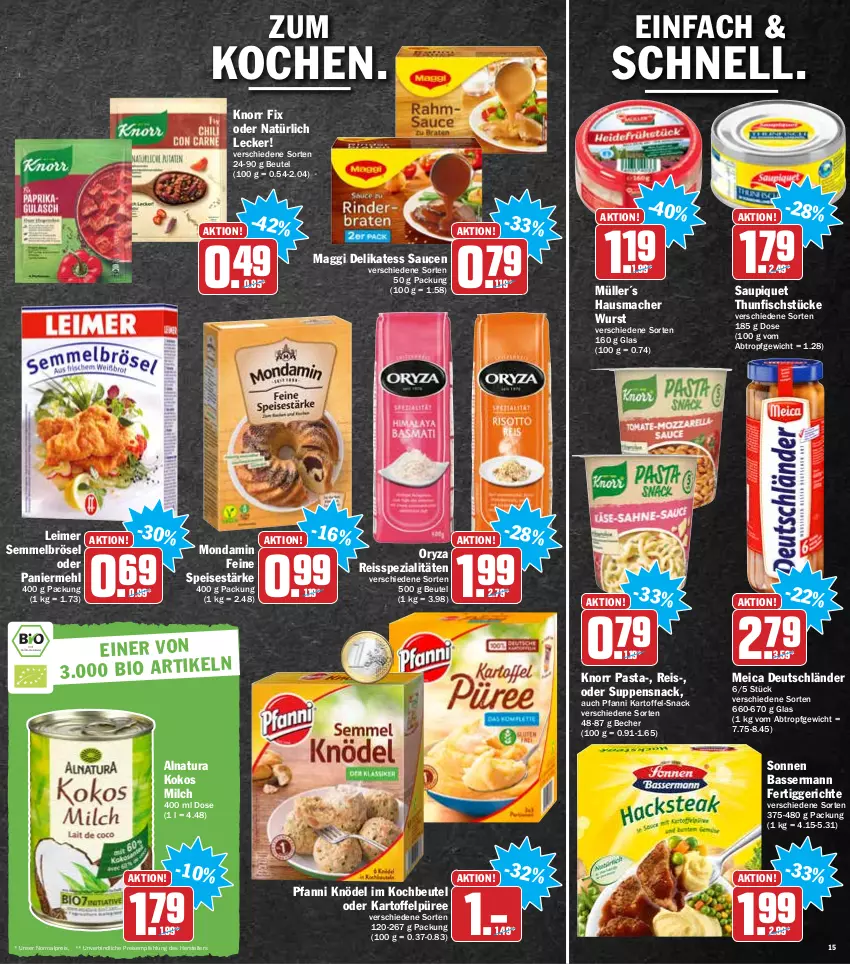 Aktueller Prospekt Hit - Prospekte - von 07.02 bis 12.02.2022 - strona 15 - produkty: Becher, beutel, delikatess sauce, eimer, eis, elle, fertiggericht, fertiggerichte, fisch, Hausmacher, kartoffel, Kartoffelpüree, Knödel, knorr, knorr fix, knorr pasta, kochbeutel, kokos, leimer, mac, maggi, mehl, meica, milch, mondamin, Müller, natur, natura, oryza, Paniermehl, pasta, pfanni, püree, reis, reiss, sauce, saucen, saupiquet, Semmel, Semmelbrösel, snack, Spezi, suppe, suppen, teller, thunfisch, Ti, wurst