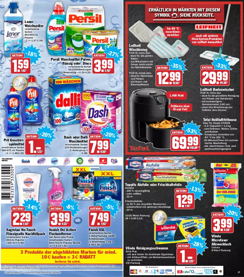 Aktueller Prospekt Hit - Prospekte - von 07.02 bis 12.02.2022 - strona 17 - produkty: auto, Bau, beutel, bodenwischer, Brei, Clin, coupon, coupons, dalli, eis, elle, Finish, flasche, fleckentferner, flüssigseife, frischhaltefolie, fritteuse, geschirr, geschirrspülmittel, grill, Heißluftfritteuse, latte, leifheit, lenor, lenor weichspüler, mikrofaser, oxi action, persil, persil waschmittel, pril, Reinigung, reis, säge, sagrotan, Schal, schwamm, Seife, Spezi, spülmaschinen, spülmittel, tefal, teller, Ti, Tiere, timer, tisch, toppits, tuc, vanish, vanish oxi action, vileda, waschmittel, weck, weichspüler