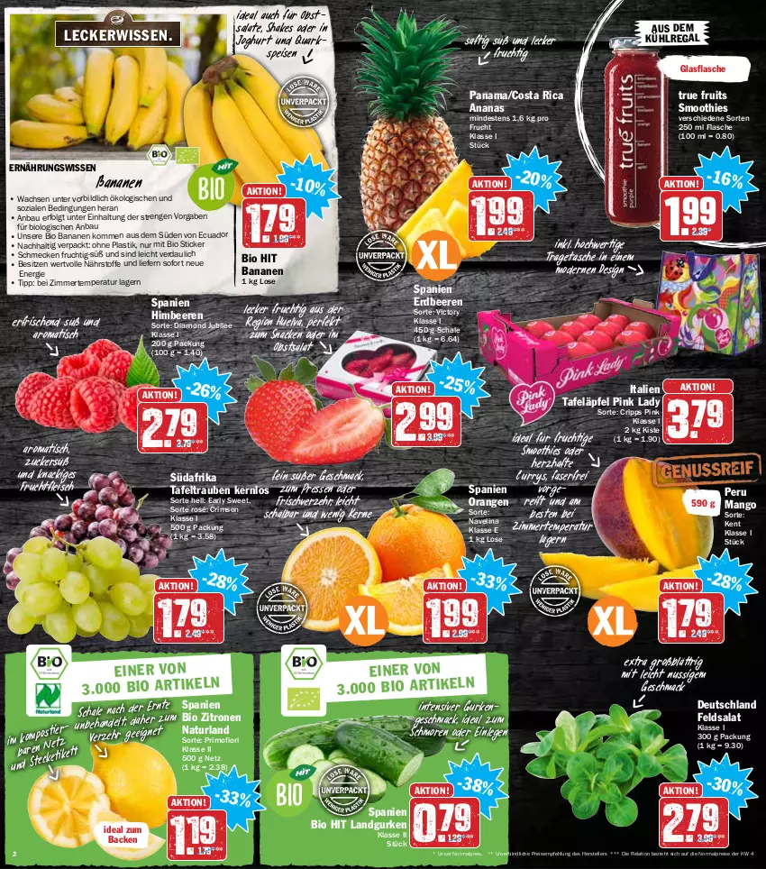 Aktueller Prospekt Hit - Prospekte - von 07.02 bis 12.02.2022 - strona 2 - produkty: ananas, asti, aus dem kühlregal, banane, bananen, Bau, beere, beeren, bio, bio hit, curry, eis, elle, erdbeere, erdbeeren, feldsalat, flasche, fleisch, frucht, fruchtfleisch, glasflasche, gsw, gurke, gurken, himbeer, himbeere, himbeeren, joghur, joghurt, kühlregal, Landgurken, LG, mac, mango, Mode, natur, naturland, navelina, nuss, obst, orange, orangen, Pink Lady, quark, regal, reis, rel, saft, salat, salate, Schal, Schale, shake, smoothie, smoothies, snack, tafeläpfel, tafeltrauben, Tasche, teller, Ti, tisch, tragetasche, trauben, true fruits, zitrone, zitronen, zucker