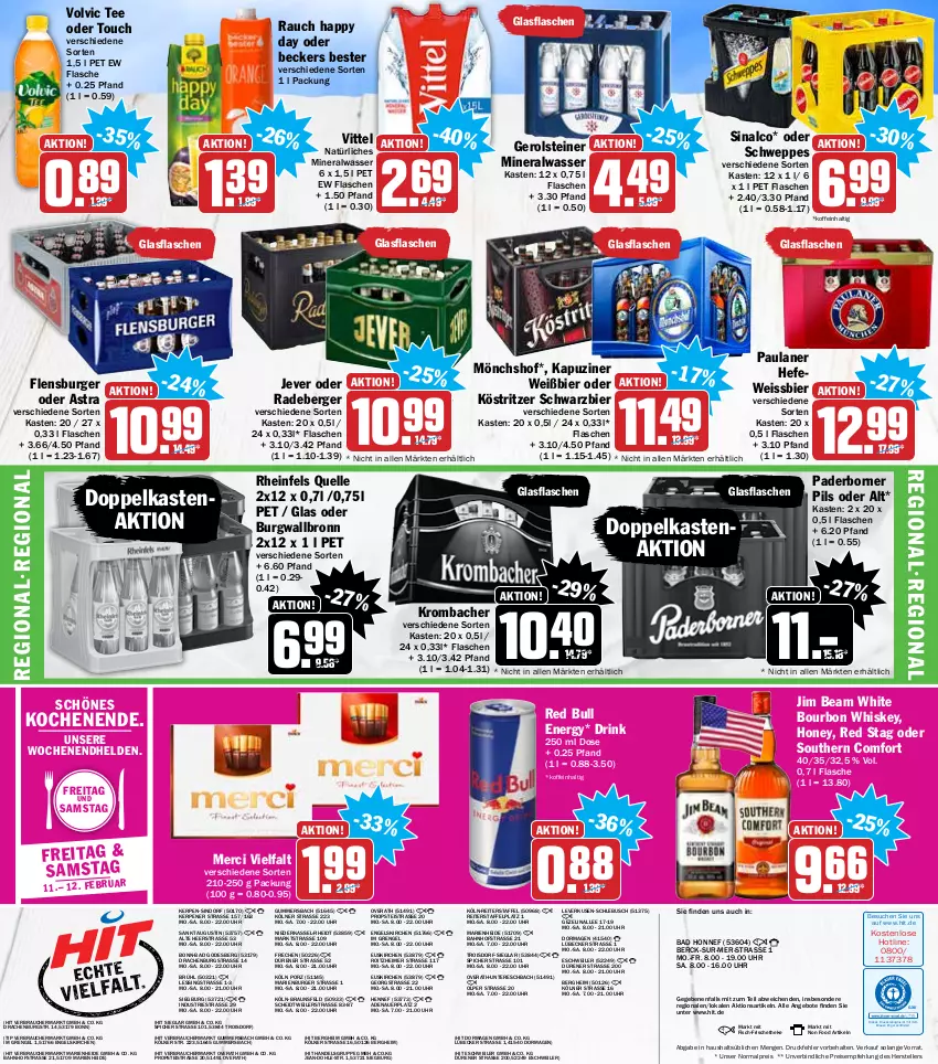 Aktueller Prospekt Hit - Prospekte - von 07.02 bis 12.02.2022 - strona 20 - produkty: Alwa, angebot, angebote, Astra, auer, Bad, Beckers Bester, Berger, bier, bourbon, bourbon whiskey, braun, burger, burgwallbronn, drink, drucker, eimer, eis, elle, Engel, fisch, flasche, flensburger, gerolsteine, gerolsteiner, glasflasche, Happy Day, Hefe, jever, jim beam, kerze, köstritzer, krombache, krombacher, Lübecker, merci, mineralwasser, mönchshof, natürliches mineralwasser, Paula, paulaner, pils, radeberger, Rauch, red bull, reis, rheinfels quelle, schweppes, sinalco, Southern Comfort, steiner, tee, teller, Ti, uhr, vittel, volvic, wasser, weissbier, whiskey