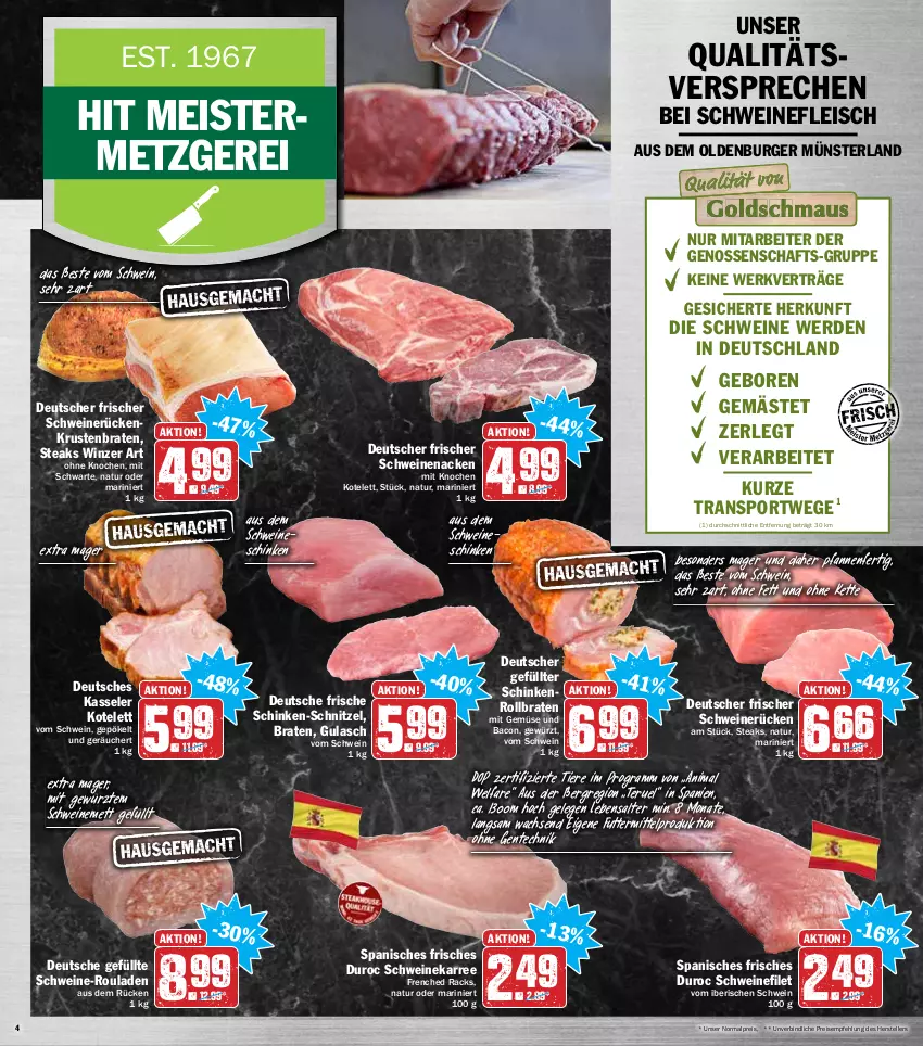 Aktueller Prospekt Hit - Prospekte - von 07.02 bis 12.02.2022 - strona 4 - produkty: bacon, braten, burger, eis, elle, ente, erde, filet, fleisch, Germ, gewürz, gulasch, kasseler, Kette, kotelett, krustenbraten, Meister, Mett, mit gemüse, natur, pfanne, pfannen, reis, rollbraten, rouladen, rum, saft, schinken, schnitzel, schwein, schweine, schweinefilet, schweinefleisch, schweinemett, schweinenacken, schweinerücken, Sport, steak, steaks, teller, Ti, Tiere, wein, weine, ZTE