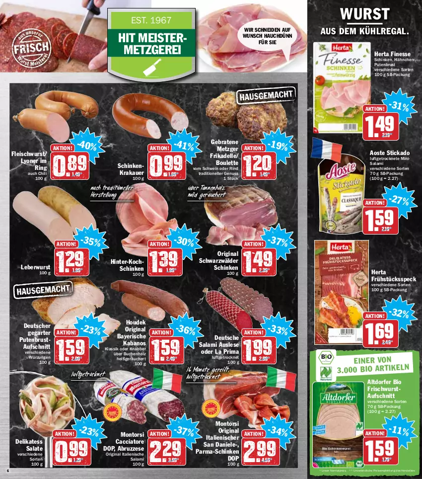 Aktueller Prospekt Hit - Prospekte - von 07.02 bis 12.02.2022 - strona 6 - produkty: ACC, aoste stickado, auer, aufschnitt, aus dem kühlregal, bio, braten, buch, chili, dell, eis, elle, finesse, fleisch, fleischwurst, Frühstücksspeck, gin, herta, herta finesse, Holz, houdek, kabanos, kochschinken, krakauer, kühlregal, leberwurst, lyoner, Meister, montorsi, nuss, pute, putenbrust, regal, reis, rind, ring, salami, salat, salate, schinken, schinkenkrakauer, schwarzwälder schinken, schwein, Speck, stickado, teller, Ti, wein, wurst, Yo