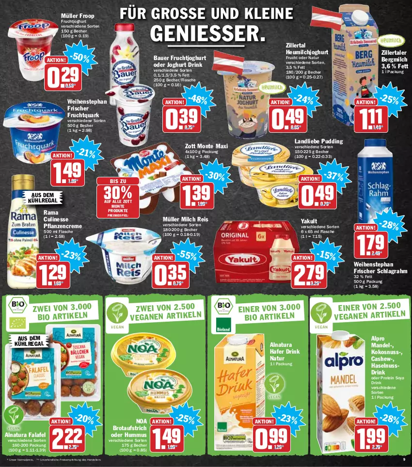 Aktueller Prospekt Hit - Prospekte - von 07.02 bis 12.02.2022 - strona 9 - produkty: alpro, auer, aufstrich, aus dem kühlregal, Bau, Bauer, Becher, brot, brotaufstrich, Cashew, creme, culinesse, drink, eis, elle, Falafel, flasche, froop, frucht, fruchtjoghurt, Fruchtquark, hafer, haselnuss, Haselnussdrink, Heu, heumilch, hummus, joghur, joghurt, kokos, kokosnuss, kühlregal, landliebe, leine, mandel, milch, monte, Müller, müller froop, natur, natura, nuss, Nussdrink, pflanze, pflanzen, pflanzencreme, pudding, quark, rama, Rama Culinesse, regal, reis, schlagrahm, soya, ssd, teller, tender, Ti, weihenstephan, zott, Zott Monte