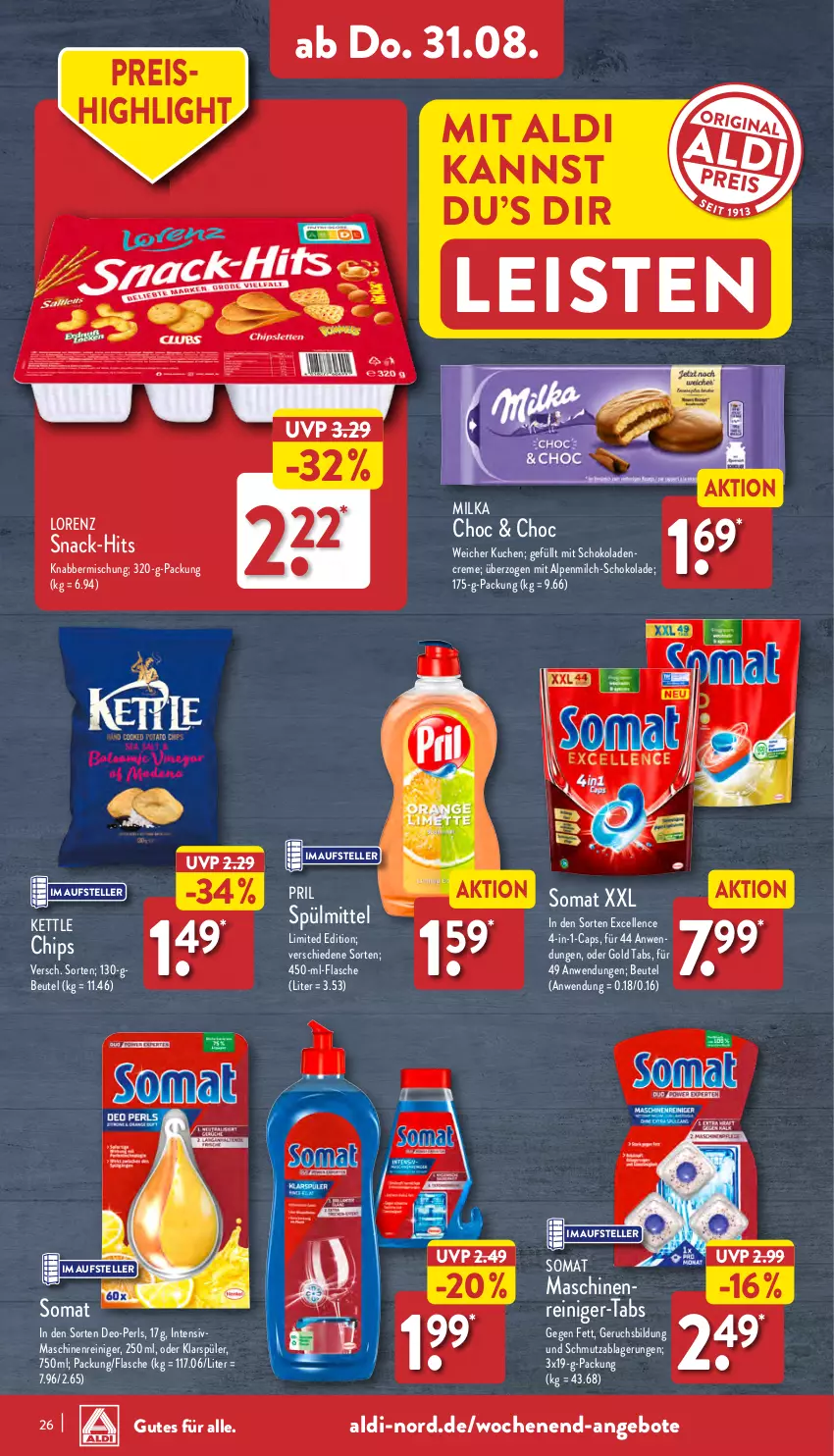 Aktueller Prospekt Aldi Nord - Von Montag - von 28.08 bis 02.09.2023 - strona 26 - produkty: aldi, alpenmilch, angebot, angebote, beutel, Cap, chips, creme, deo, eis, elle, flasche, klarspüler, kuchen, lorenz, milch, milka, pril, reiniger, reis, schoko, schokolade, snack, somat, spülmittel, teller, Ti