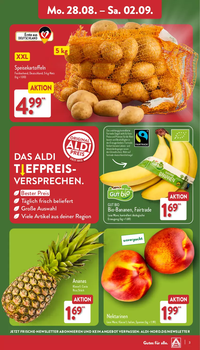 Aktueller Prospekt Aldi Nord - Von Montag - von 28.08 bis 02.09.2023 - strona 3 - produkty: aldi, ananas, angebot, auer, banane, bananen, Bau, Bauer, bio, bio-bananen, eis, kartoffel, kartoffeln, Nektar, nektarinen, reis, speisekartoffeln, Ti, trolli