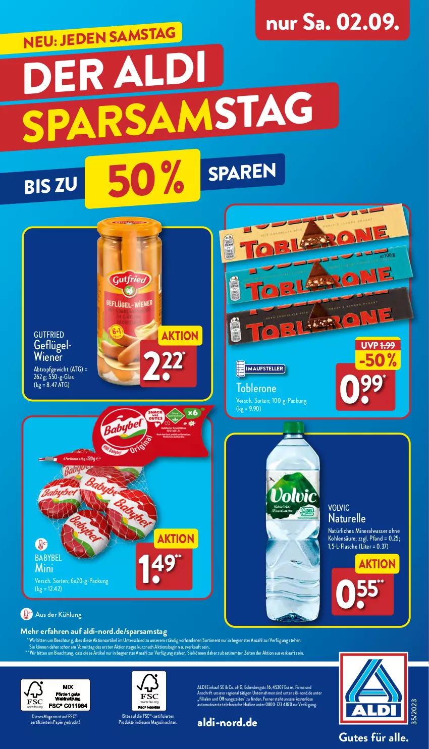 Aktueller Prospekt Aldi Nord - Von Montag - von 28.08 bis 02.09.2023 - strona 34 - produkty: aldi, Alwa, auto, babybel, elle, flasche, Geflügel, gin, gutfried, magazin, mineralwasser, natur, natürliches mineralwasser, papier, rel, telefon, teller, Ti, toblerone, volvic, wasser, wiener, ZTE