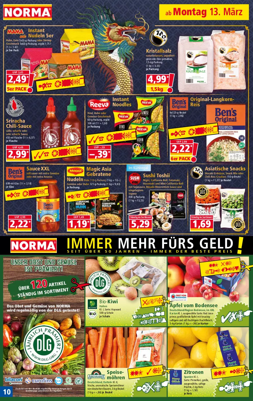 Aktueller Prospekt Norma - Norma - von 13.03 bis 20.03.2023 - strona 10 - produkty: ananas, auer, Bau, Bauer, beutel, bio, braten, chili, cracker, Datteln, eis, ente, erde, erdnüsse, flasche, fleisch, frucht, früchte, fruchtfleisch, gin, ingwer, kiwi, korn, Kristallsalz, kühlregal, Langkornreis, LG, mac, meerrettich, möhren, natur, nudel, nudeln, obst, Obst und Gemüse, regal, reis, Rettich, rind, saft, salz, sauce, Schal, Schale, snack, snacks, soja, sojasauce, speisemöhren, Sriracha, Sushi, Ti, tiefpreis, tisch, und gemüse, wasa, zitrone, zitronen