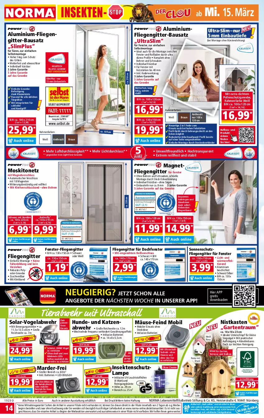 Aktueller Prospekt Norma - Norma - von 13.03 bis 20.03.2023 - strona 14 - produkty: angebot, angebote, auto, batterie, batterien, Bau, Bebe, braun, bürste, bürsten, butter, deo, eis, elle, fenster, fliegengitter, Garten, gin, insektenschutz, Lampe, lebensmittel, leds, leine, Liege, moskitonetz, natur, passend für alle, Reinigung, reinigungsbürste, reis, ring, rwe, säge, Schal, schnitten, schrauben, Schütze, sekt, sonnenschutz, steckdose, Ti, Tiere, tisch, werkzeug