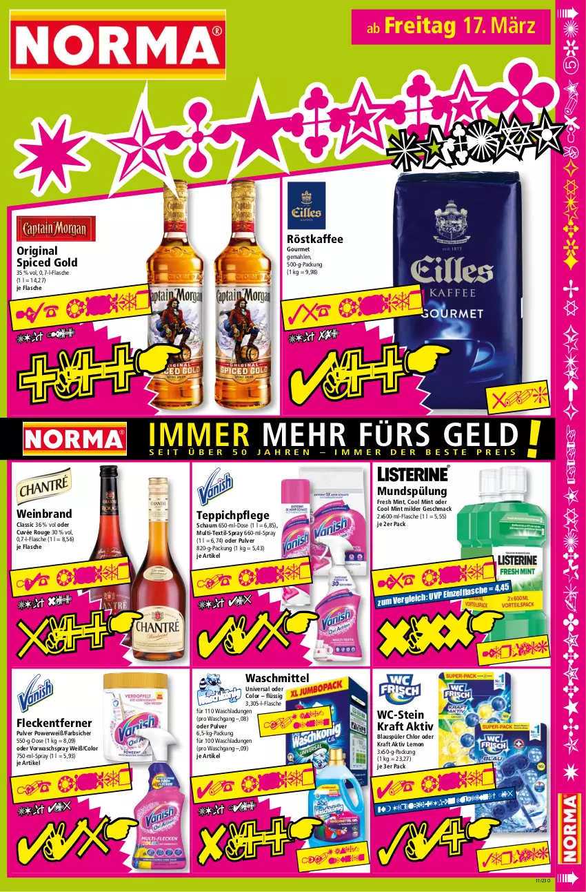 Aktueller Prospekt Norma - Norma - von 13.03 bis 20.03.2023 - strona 15 - produkty: cuvée, flasche, fleckentferner, gin, HP, kaffee, kraft, mac, mint, mundspülung, original spiced gold, röstkaffee, rouge, rwe, spülung, teppich, Ti, waschmittel, wein, weinbrand