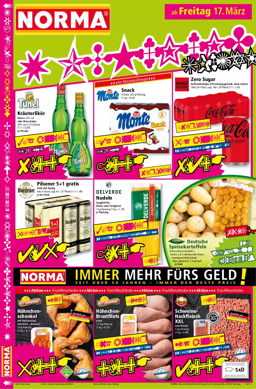 Aktueller Prospekt Norma - Norma - von 13.03 bis 20.03.2023 - strona 16 - produkty: braten, brustfilet, bürste, eis, erfrischungsgetränk, filet, filets, flasche, fleisch, getränk, hackfleisch, hähnchenbrust, hähnchenbrustfilet, hähnchenschenkel, henkel, kartoffel, kartoffeln, kräuter, kräuterlikör, krone, lebensmittel, likör, lion, natur, nudel, nudeln, pils, pilsener, reis, sac, schenkel, schwein, schweine, Schweinehackfleisch, snack, spaghetti, speisekartoffeln, Ti, tiefpreis, wein, weine, zucker