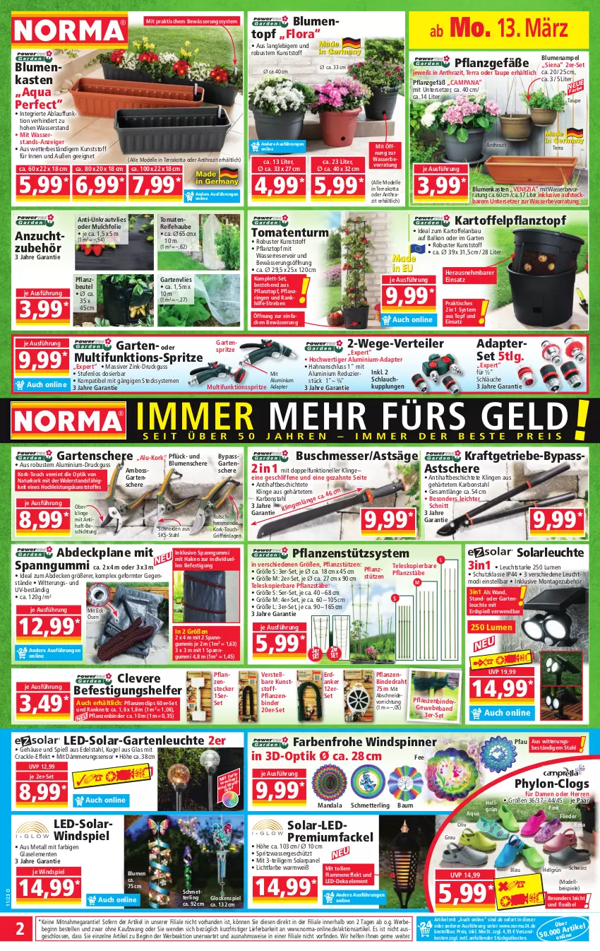 Aktueller Prospekt Norma - Norma - von 13.03 bis 20.03.2023 - strona 2 - produkty: abdeckplane, adapter, aqua, Bau, Beba, Bebe, beutel, blume, blumen, Blumenampel, boss, Clogs, decke, dell, Draht, edelstahl, eis, Elan, elle, ente, flieder, Garten, Gartenschere, Gartenvlies, gin, Hylo, kartoffel, kraft, Kraut, Kugel, lamm, Leuchte, LG, messer, Mett, Mode, natur, ndk, Pfau, pflanze, pflanzen, Pflanztopf, reis, ring, rwe, säge, Schere, schlauch, schläuche, Schmetterling, siena, solarleuchte, Spiele, Teleskop, Ti, tisch, tomate, tomaten, topf, Untersetzer, wasser