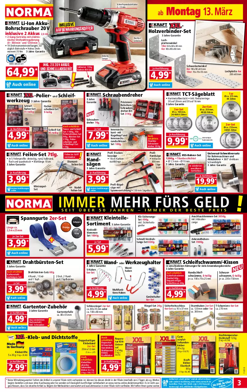 Aktueller Prospekt Norma - Norma - von 13.03 bis 20.03.2023 - strona 3 - produkty: abis, akku, asti, aufbewahrungskoffer, Bau, Beba, Bebe, Bitset, Bohrer-Set, Bohrschrauber, bügel, bürste, bürsten, Draht, eis, Elektro, elle, ente, Garten, gin, Heu, Holz, HP, kissen, kleber, koffer, kraft, Kugel, ladegerät, Lampe, latte, LG, mab, ndk, orange, quad, reis, riegel, ring, Roller, rwe, säge, schnellladegerät, schrauben, Schraubendreher, schwamm, stifte, Ti, tisch, topf, werkzeug, Werkzeughalter