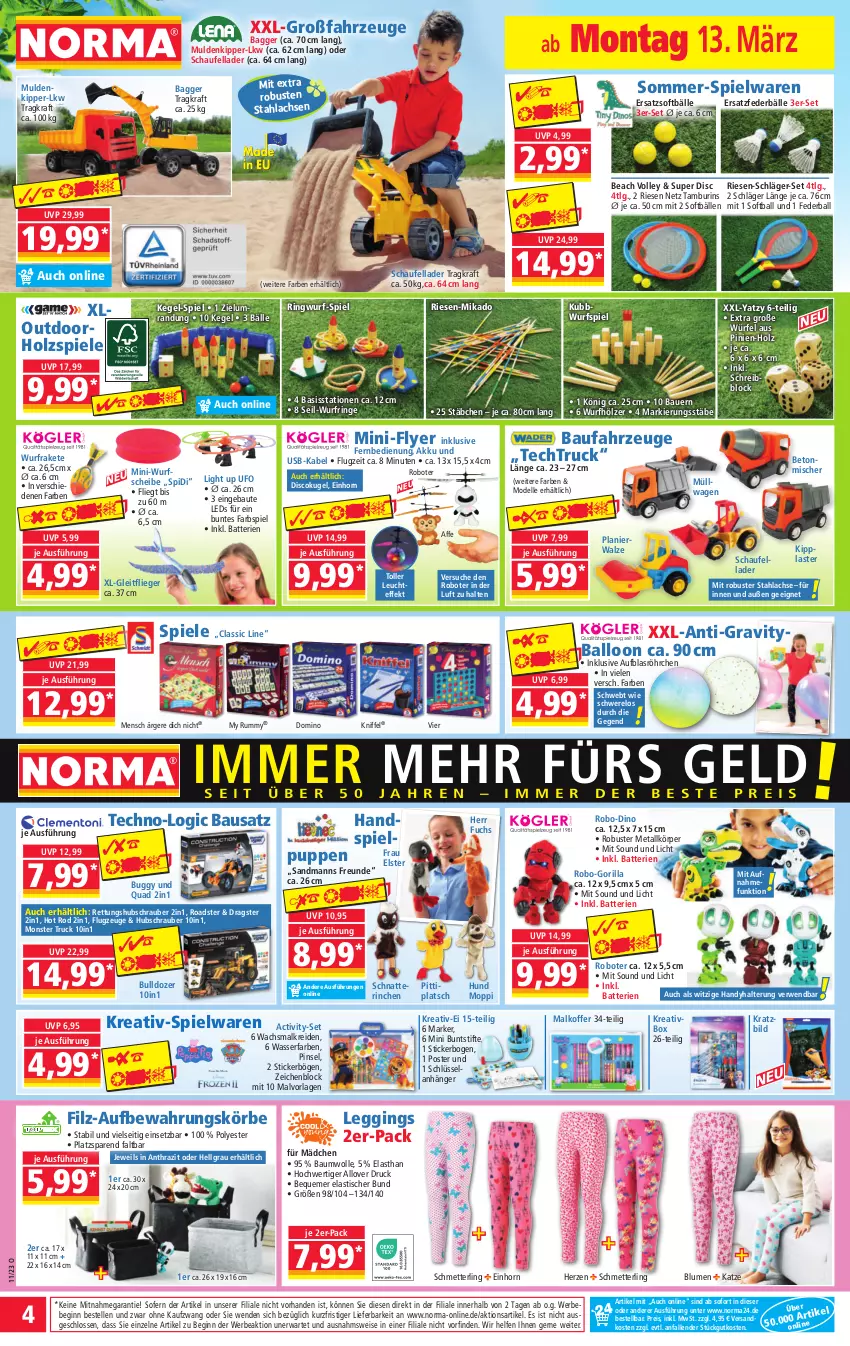 Aktueller Prospekt Norma - Norma - von 13.03 bis 20.03.2023 - strona 4 - produkty: akku, Anhänger, asti, auer, ball, batterie, batterien, Bau, Bauer, baumwolle, Bebe, blume, blumen, Buggy, buntstifte, dell, eis, Elan, elle, fernbedienung, gin, Handy, Holz, koffer, kraft, Kreide, Kugel, lachs, leds, leggings, LG, Liege, Mett, mikado, Mode, monster, Monster Truck, ndk, Pinsel, Puppe, quad, reis, rel, ring, rum, rwe, Schmetterling, Spiele, spielwaren, stifte, Ti, tisch, usb, wasser, wolle, würfel, zeichenblock