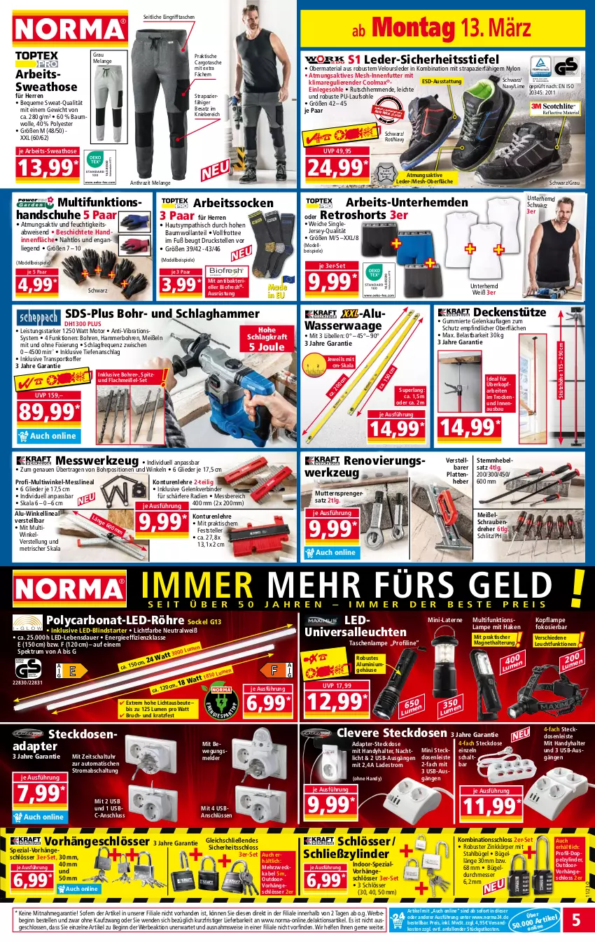 Aktueller Prospekt Norma - Norma - von 13.03 bis 20.03.2023 - strona 5 - produkty: adapter, Arbeitssocken, auer, auto, Bau, baumwolle, Bebe, bio, Bona, bügel, decke, dell, duni, eis, Elan, elle, gin, gsw, handschuhe, Handy, hemd, hemden, hose, koffer, kraft, Lampe, laterne, latte, Leuchte, leuchten, LG, Liege, mab, messer, Mode, ndk, perla, reis, retroshorts, Ria, rum, Schal, schrauben, Schraubendreher, schuhe, shorts, socken, Spektrum, Spezi, Spiele, Sport, steckdose, Steckdosenadapter, Steckdosenleiste, Sweathose, Tasche, taschen, taschenlampe, tee, teller, Ti, tisch, uhr, Unterhemd, unterhemden, usb, Waage, wasser, weck, werkzeug, wolle