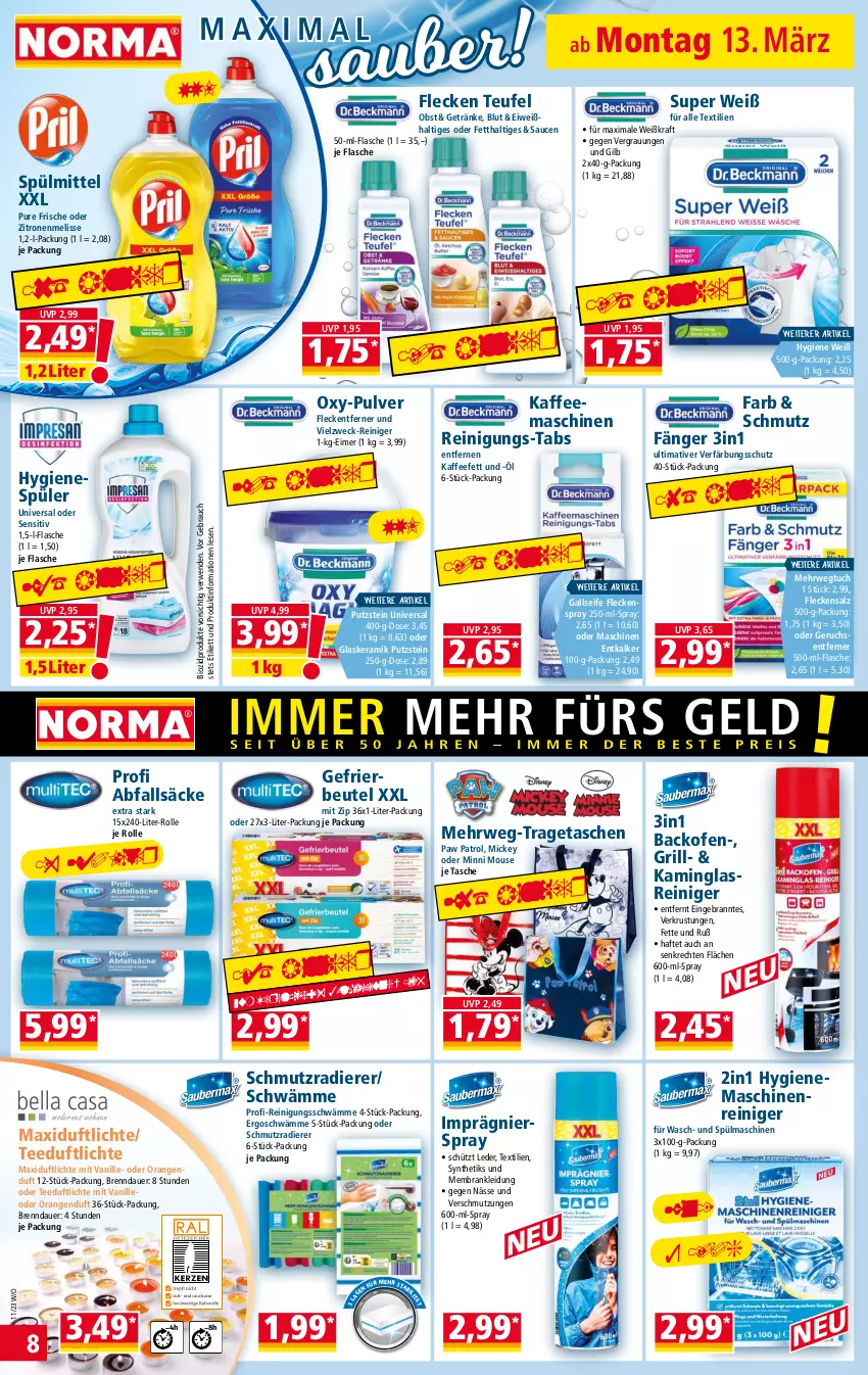 Aktueller Prospekt Norma - Norma - von 13.03 bis 20.03.2023 - strona 8 - produkty: auer, backofen, beutel, bio, biozidprodukte, eimer, entkalker, flasche, fleckentferner, gefrierbeutel, getränk, getränke, glaskeramik, Glasreiniger, grill, hygienespüler, kaffee, kaffeemaschine, Kamin, kleid, Kleidung, kraft, maschinenreiniger, obst, Ofen, orange, orangen, Paw Patrol, Rauch, reiniger, Reinigung, rwe, salz, sauce, saucen, Seife, spülmaschinen, spülmittel, Tasche, taschen, tee, Ti, tragetasche, tuc, vanille, verfärbungsschutz, weck, zitrone, zitronen