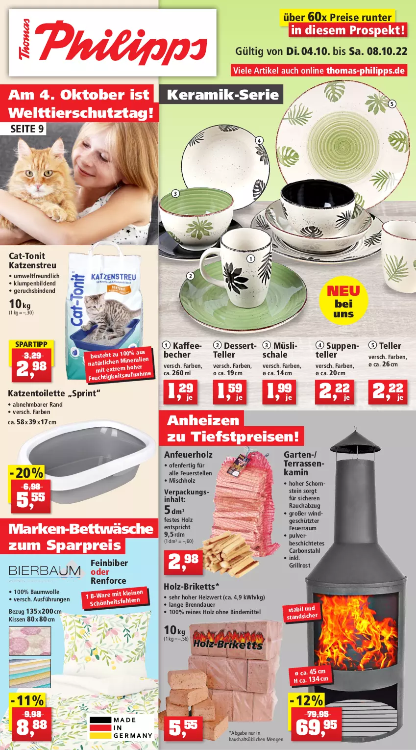 Aktueller Prospekt Thomas Philipps - Prospektwerbung - von 03.10 bis 08.10.2022 - strona 1 - produkty: Anfeuerholz, auer, Bau, baumwolle, Becher, bett, bettwäsche, binden, briketts, dessert, eis, elle, ente, Garten, grill, grillrost, Holz, kaffee, kaffeebecher, Kamin, Katzenstreu, kissen, leine, müsli, Ofen, Rauch, reis, Schal, Schale, spartipp, suppe, suppen, teller, Ti, wolle, ZTE