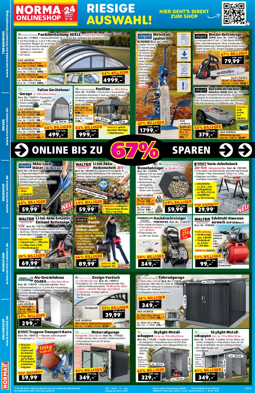 Aktueller Prospekt Norma - Norma - von 04.10 bis 20.10.2024 - strona 2 - produkty: akku, angebot, auto, Bona, Brei, Brennholz, bügel, edelstahl, eis, elle, Fahrrad, flasche, Gewächshaus, heckenschere, hochdruckreiniger, Hohlkammerplatte, Holz, Holzspalter, Kette, kraft, Kugel, ladegerät, latte, Laubsauger, leine, LG, mähroboter, Meister, messer, moskitonetz, ndk, pavillon, pflanze, pflanzen, pool, rasen, reiniger, reis, Ria, rum, rwe, sac, säge, sattel, Schere, schlauch, schnellladegerät, senf, Sport, Ti, tiernahrung, tisch, uv-schutz, wein, weine, weinshop, werkzeug