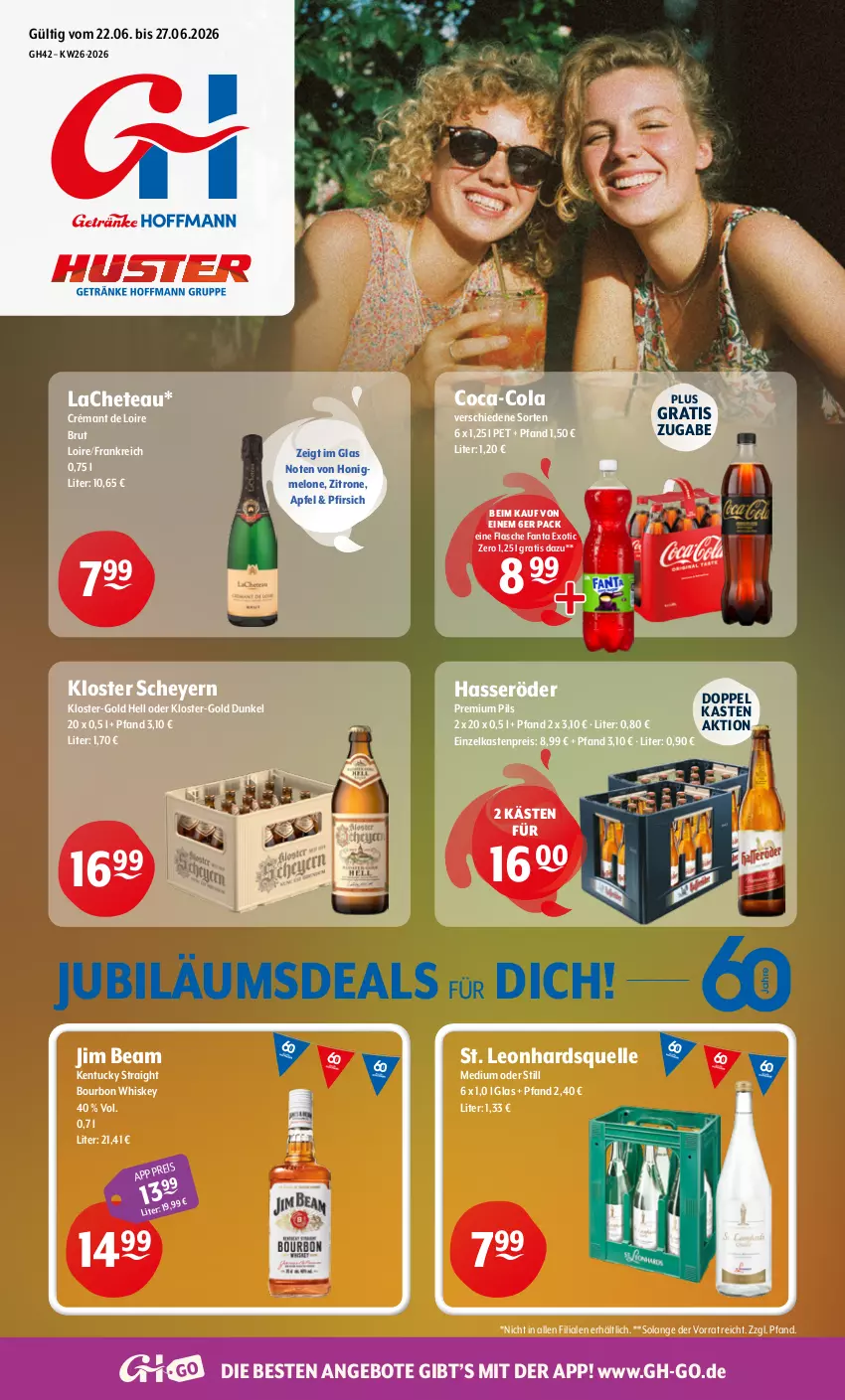 Aktueller Prospekt Getraenke Hoffmann - Prospekte - von 22.06 bis 27.06.2026 - strona 1 - produkty: angebot, angebote, apfel, bourbon, bourbon whiskey, brut, coca-cola, cola, crémant de loire, eis, elle, fanta, flasche, hasseröder, honig, honigmelone, jim beam, Jubiläums, kentucky straight, melone, pfirsich, pils, premium pils, reis, Ti, tuc, whiskey, zitrone