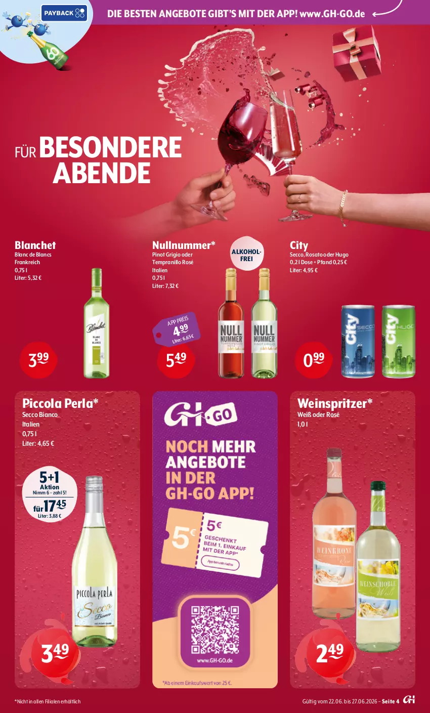 Aktueller Prospekt Getraenke Hoffmann - Prospekte - von 22.06 bis 27.06.2026 - strona 4 - produkty: alkohol, angebot, angebote, cola, de blancs, ecco, eis, hugo, perla, Pinot, pinot grigio, rosato, tempranillo, Ti, wein