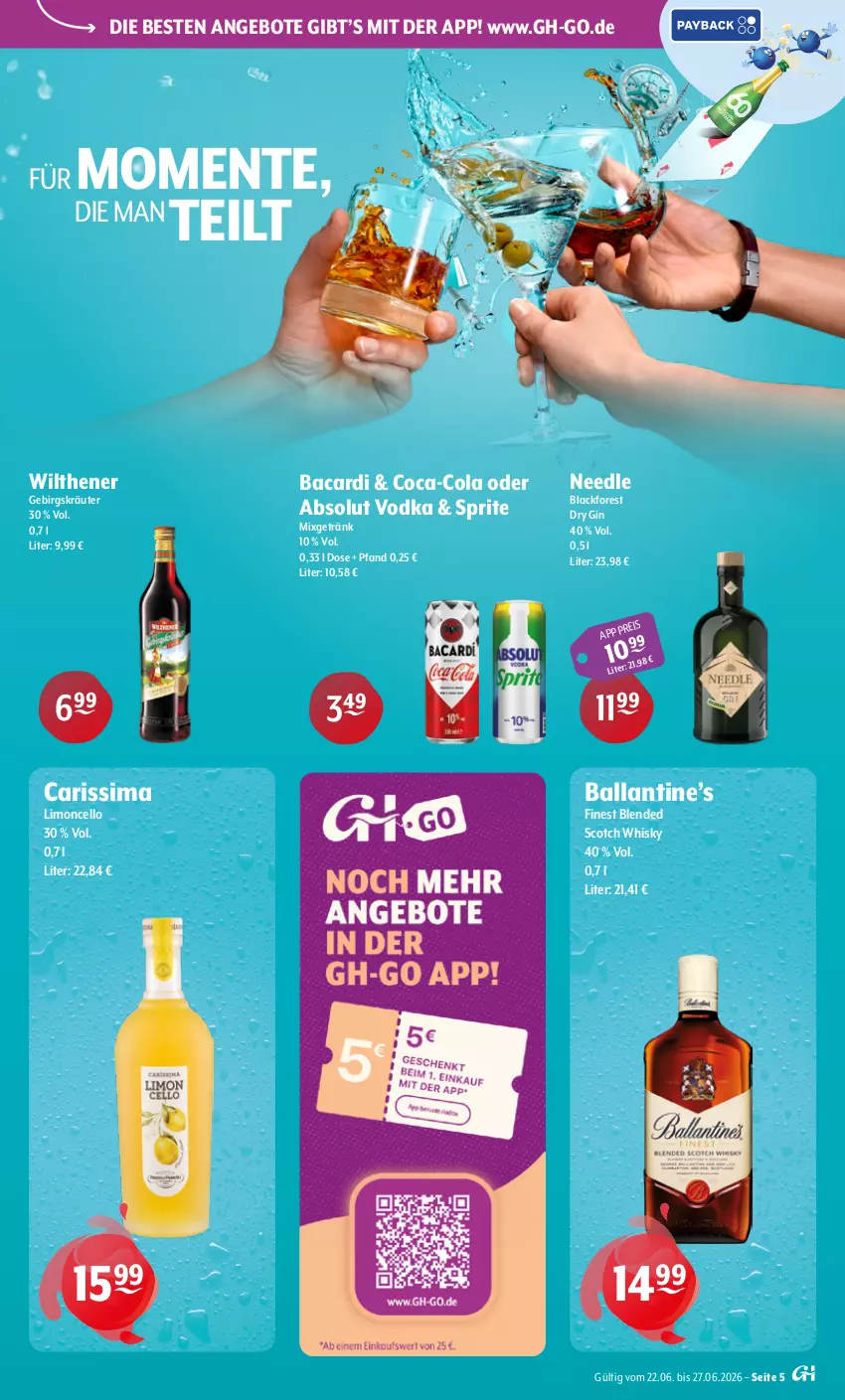 Aktueller Prospekt Getraenke Hoffmann - Prospekte - von 22.06 bis 27.06.2026 - strona 5 - produkty: Absolut Vodka, angebot, angebote, bacardi, ball, blended scotch, blended scotch whisky, coca-cola, cola, dry gin, eis, ente, getränk, gin, kräuter, lack, limo, Mixgetränk, scotch, scotch whisky, sim, sprite, Ti, vodka, whisky, wilthener