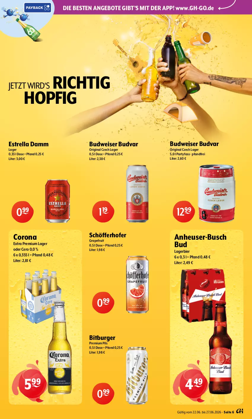 Aktueller Prospekt Getraenke Hoffmann - Prospekte - von 22.06 bis 27.06.2026 - strona 6 - produkty: angebot, angebote, bier, bitburger, budweiser, burger, corona, corona extra, eis, Estrella Damm, gin, grapefruit, Heu, Lagerbier, pils, premium pils, rel, schöfferhofer, Ti