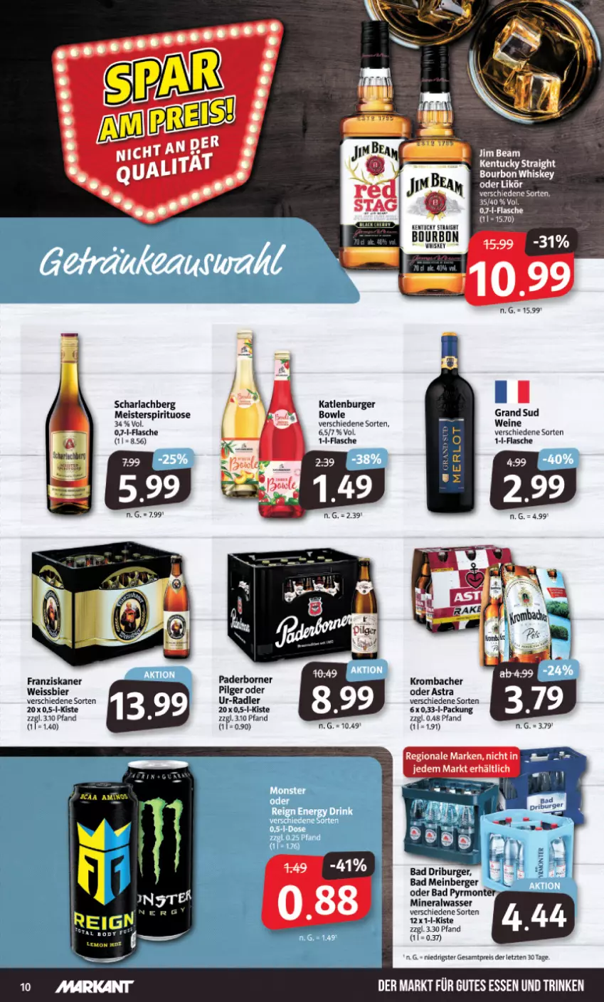 Aktueller Prospekt Markant - Prospekte - von 30.05 bis 03.06.2023 - strona 10 - produkty: Alwa, arla, Astra, Bad, Berger, bier, bourbon, bourbon whiskey, bowle, burger, eis, flasche, franziskaner, grand sud, gutes essen, katlenburger, krombache, krombacher, LG, likör, Meister, mineralwasser, monte, radler, reis, Ti, wasser, wein, weine, weissbier, whiskey, ZTE