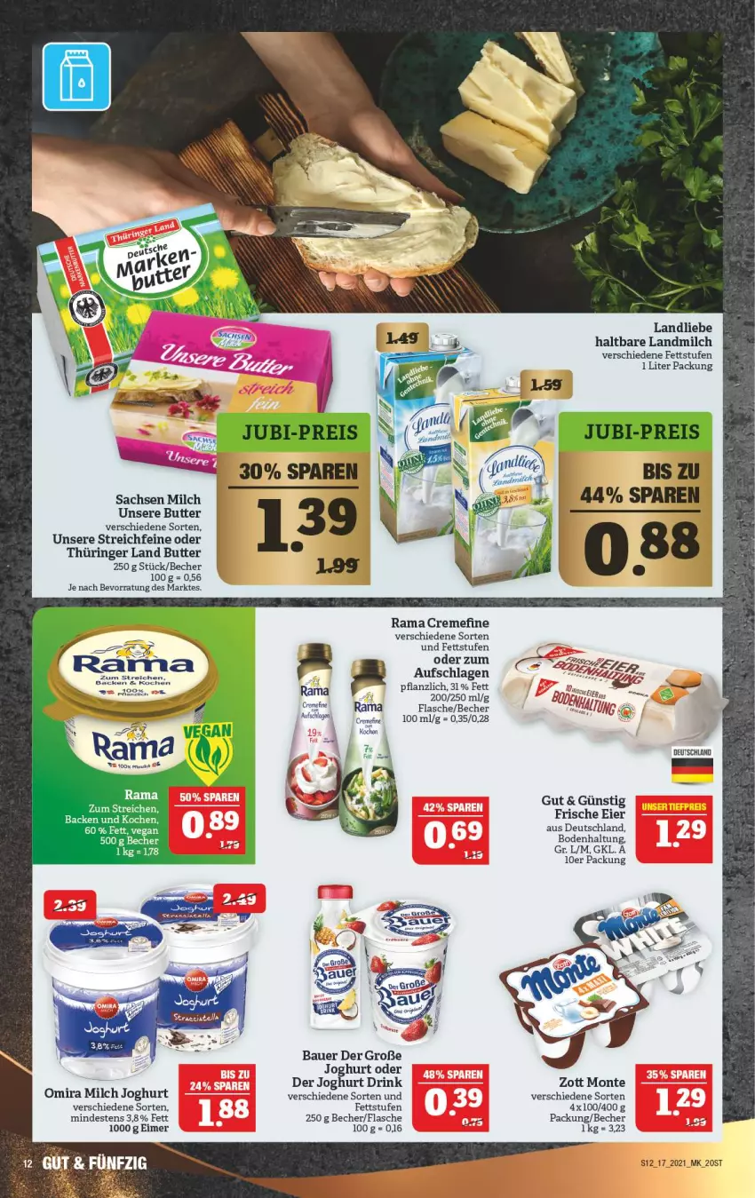 Aktueller Prospekt Marktkauf - Prospekt - von 25.04 bis 30.04.2021 - strona 12 - produkty: auer, Bau, Bauer, Becher, butter, creme, drink, eier, eimer, flasche, joghur, joghurt, landliebe, landmilch, milch, monte, rama, rama cremefine, ring, sac, Ti, zott, Zott Monte