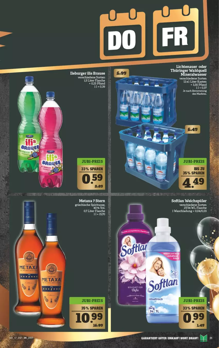 Aktueller Prospekt Marktkauf - Prospekt - von 25.04 bis 30.04.2021 - strona 31 - produkty: Alwa, auer, brause, burger, eis, flasche, lichtenauer, Metaxa, mineralwasser, reis, ring, wasser