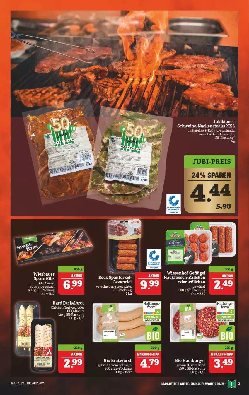 Aktueller Prospekt Marktkauf - Prospekt - von 25.04 bis 30.04.2021 - strona 35 - produkty: auer, bacon, Bau, Bauer, bio, brot, burger, eis, fleisch, Geflügel, gewürz, hackfleisch, hamburger, Jubiläums, kräuter, marinade, Nackensteak, nackensteaks, paprika, reis, rind, sauce, schwein, schweine, steak, steaks, Ti, wein, weine, wiesbauer, wiesenhof