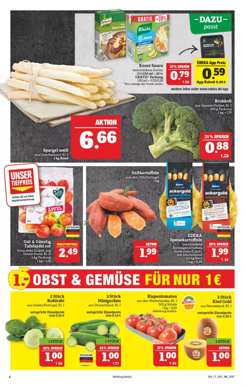 Aktueller Prospekt Marktkauf - Prospekt - von 25.04 bis 30.04.2021 - strona 4 - produkty: ackergold, brokkoli, deka, eis, Elan, gurke, gurken, kartoffel, kartoffeln, kiwi, Kiwi Gold, knorr, kohlrabi, regal, reis, rispentomaten, sauce, Schal, Schale, spargel, Süßkartoffeln, tafeläpfel, Ti, tomate, tomaten