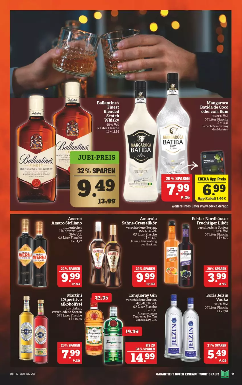 Aktueller Prospekt Marktkauf - Prospekt - von 25.04 bis 30.04.2021 - strona 43 - produkty: alkohol, amaro, amarula, averna, ball, batida, Boris Jelzin, creme, deka, dry gin, eis, elle, flasche, frucht, gin, jelzin, likör, london dry, london dry gin, mangaroca, martini, reis, rum, sahne, scotch, Tanqueray, Ti, vodka