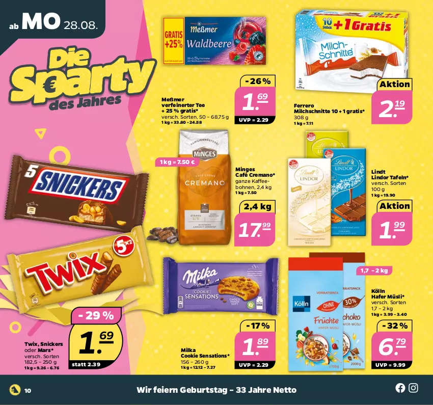 Aktueller Prospekt Netto - Woche 35 - von 28.08 bis 02.09.2023 - strona 10 - produkty: bohne, bohnen, cookie, eier, ferrero, hafer, kaffee, kaffeebohnen, kölln, lindor, lindt, mars, Meßmer, milch, Milchschnitte, milka, müsli, sensations, snickers, tee, Ti, twix