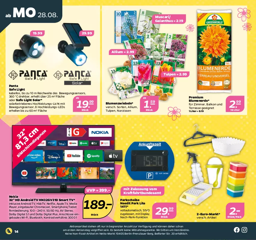 Aktueller Prospekt Netto - Woche 35 - von 28.08 bis 02.09.2023 - strona 14 - produkty: Android TV, Apple, auer, auto, Bau, baumwolle, Bewegungssensor, blume, blumen, blumenerde, eis, elle, erde, fernbedienung, handtuch, HbbTV, kraft, leds, Narzissen, netflix, nokia, smart tv, smartphone, tablet, Ti, tisch, tuc, wolle, ZTE, zwiebel, zwiebeln