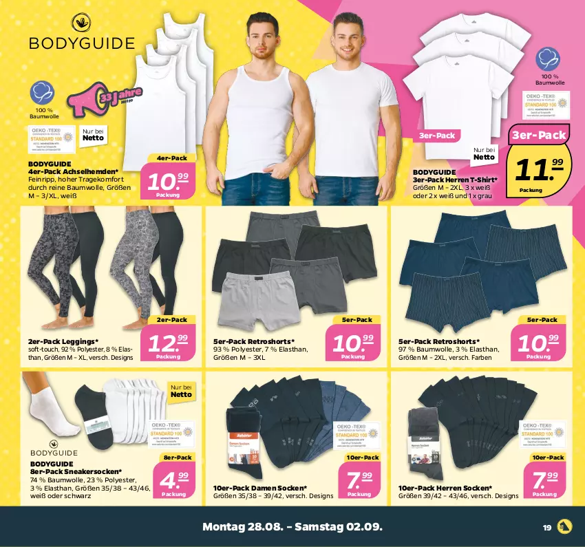 Aktueller Prospekt Netto - Woche 35 - von 28.08 bis 02.09.2023 - strona 19 - produkty: achselhemd, Bau, baumwolle, body, gin, hemd, hemden, leggings, reine baumwolle, retroshorts, shirt, shorts, sneaker, sneakersocken, socken, T-Shirt, wolle