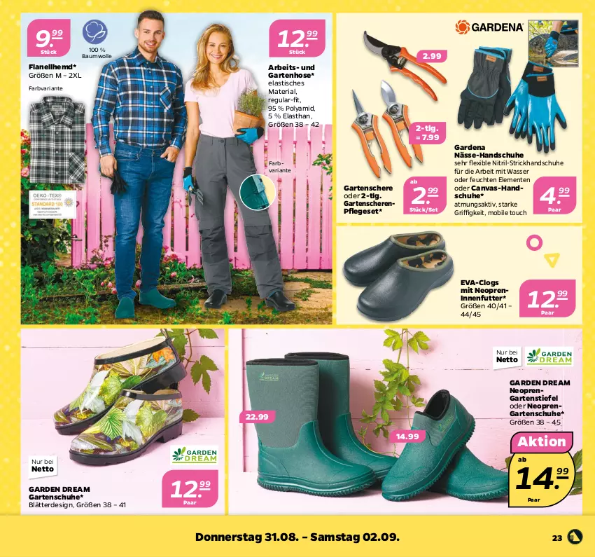 Aktueller Prospekt Netto - Woche 35 - von 28.08 bis 02.09.2023 - strona 23 - produkty: asti, Bau, baumwolle, Clogs, ente, erde, gardena, Garten, Gartenschere, handschuhe, hemd, hose, LG, Ria, Schere, schuhe, Ti, tisch, wasser, wolle