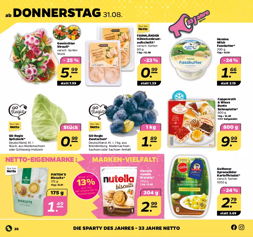 Aktueller Prospekt Netto - Woche 35 - von 28.08 bis 02.09.2023 - strona 26 - produkty: aufschnitt, butter, coppenrath, ferrero, hähnchenbrust, kartoffel, kartoffelsalat, latte, milch, nutella, sac, sahne, salat, spitzkohl, spreewälder, Ti