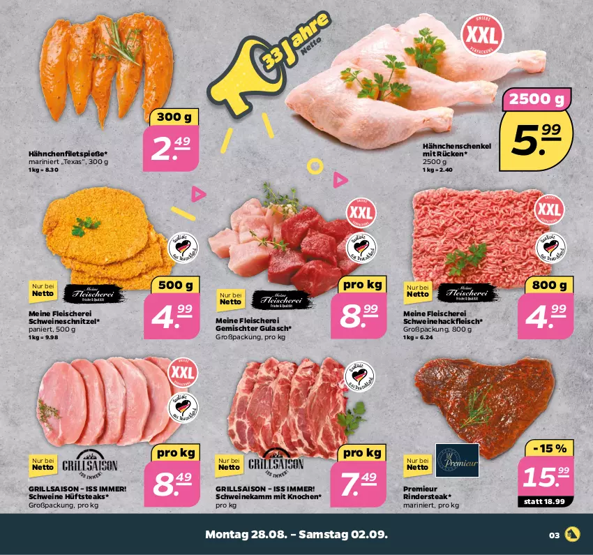 Aktueller Prospekt Netto - Woche 35 - von 28.08 bis 02.09.2023 - strona 3 - produkty: eis, filet, filets, fleisch, Fleischerei, grill, gulasch, hackfleisch, hähnchenschenkel, henkel, hüftsteak, hüftsteaks, rind, rinder, Rindersteak, schenkel, Schere, schnitzel, schwein, schweine, Schweinehackfleisch, schweineschnitzel, steak, steaks, wein, weine