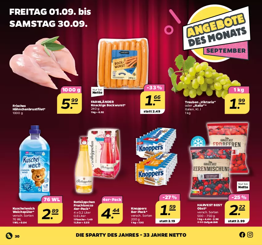 Aktueller Prospekt Netto - Woche 35 - von 28.08 bis 02.09.2023 - strona 30 - produkty: bockwurst, brustfilet, ecco, filet, flasche, frucht, fruchtsecco, hähnchenbrust, hähnchenbrustfilet, knoppers, Kuschelweich, obst, Ria, rotkäppchen, Ti, trauben, weichspüler, wurst