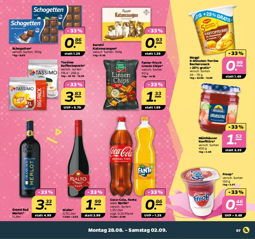 Aktueller Prospekt Netto - Woche 35 - von 28.08 bis 02.09.2023 - strona 7 - produkty: Becher, chips, coca-cola, cola, fanta, fanta oder, fanta oder sprite, froop, funny-frisch, grand sud, kaffee, kaffeekapseln, konfitüre, linsen, maggi, merl, merlot, mühlhäuser, oder sprite, Ria, saro, sarotti, schogetten, sim, snack, sprite, tassimo, terrine, Ti