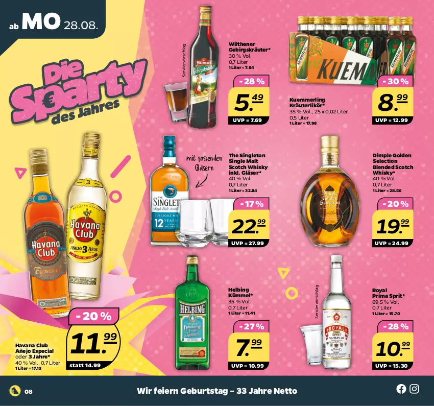 Aktueller Prospekt Netto - Woche 35 - von 28.08 bis 02.09.2023 - strona 8 - produkty: blended scotch, blended scotch whisky, eier, Gläser, Havana Club, kräuter, kräuterlikör, kuemmerling, likör, merl, scotch, scotch whisky, single malt, Ti, whisky, wilthener