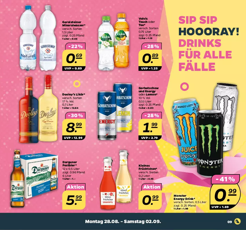 Aktueller Prospekt Netto - Woche 35 - von 28.08 bis 02.09.2023 - strona 9 - produkty: Alwa, bier, drink, drinks, energy drink, gerolsteine, gerolsteiner, Gorbatschow, leine, likör, mineralwasser, monster, Monster Energy, steiner, tee, Ti, volvic, wasser