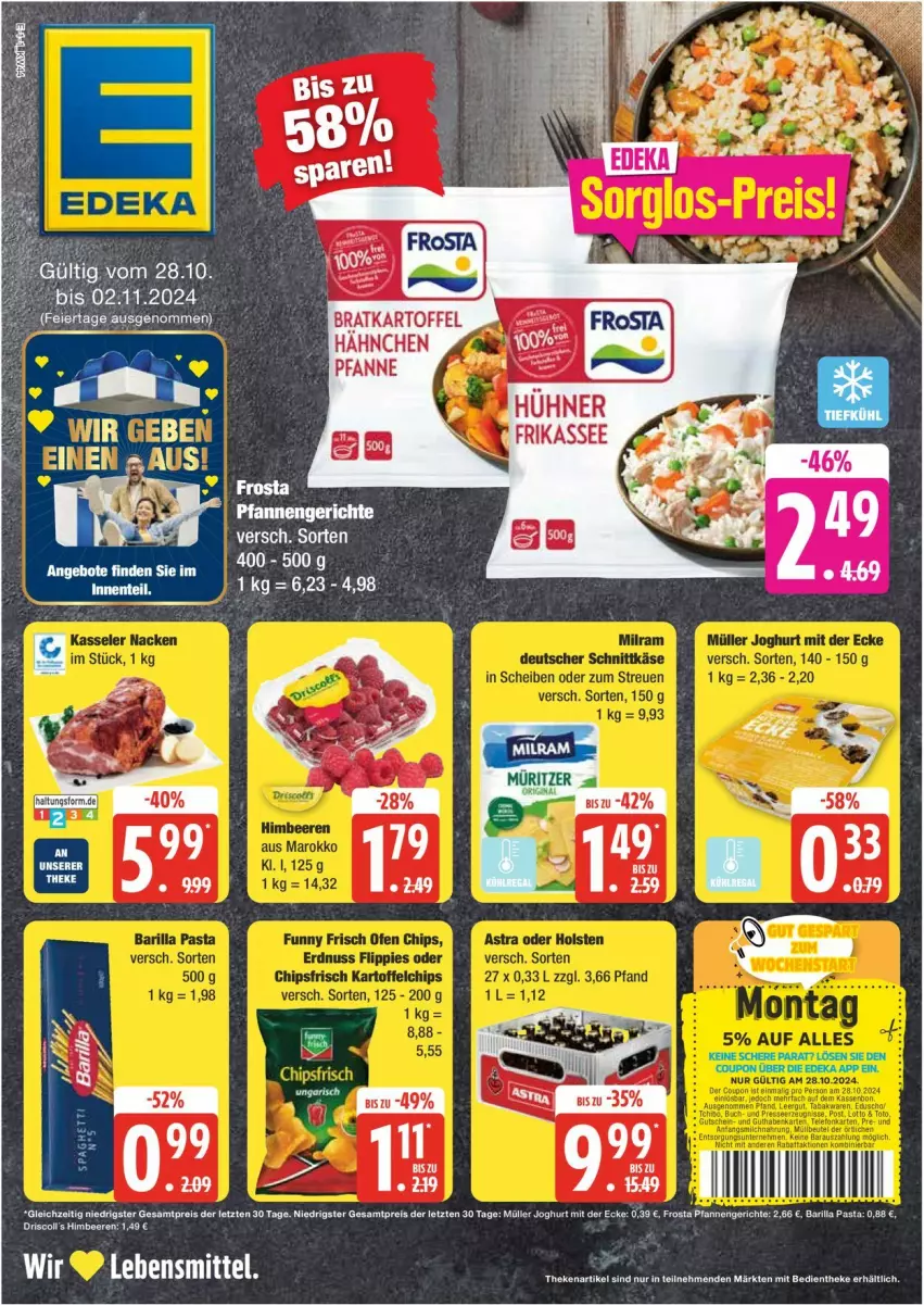 Aktueller Prospekt Edeka - Prospekte - von 28.10 bis 02.11.2024 - strona 1 - produkty: barilla, beere, beeren, driscoll's, eis, frosta, himbeer, himbeere, himbeeren, joghur, joghurt, joghurt mit der ecke, kartoffel, lebensmittel, Müller, pasta, pfanne, pfannen, reis, tee, Ti, ZTE